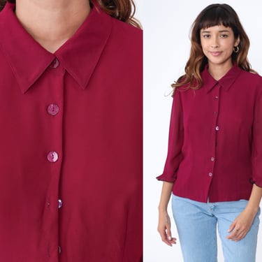 Raspberry Ruffle Blouse y2k Sheer Sleeve Button Up Shirt Collared Top 3/4 Sleeve Retro Ruffled Shirt Formal Vintage 00s Medium 10 