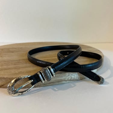 90s USA Black Genuine Leather Skinny Silver Tipped Chunky Buckle Belt Size Large 