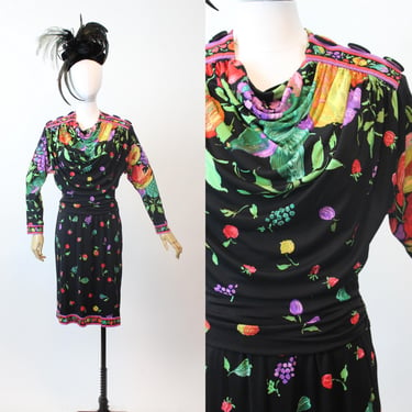 1980s LEONARD OF PARIS fruit flowers silk jersey dress small  | new fall winter 