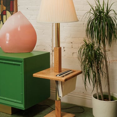 Oak and brass magazine floor lamp