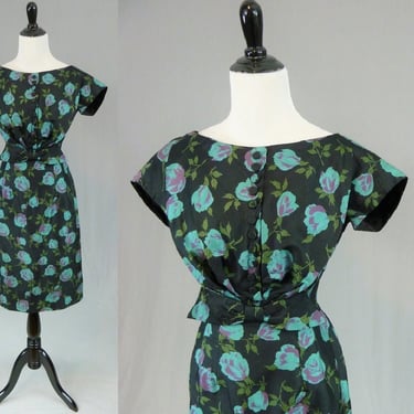 50s Fitted Floral Dress - Black Blue Purple Green - Bow Detail - Carol Craig Exclusive - Vintage 1950s - S 