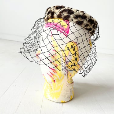 Vintage Leopard Print Fur + Black Net Hat 