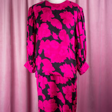WOW 1980s Flora Kung Bold Hot Pink and Black Floral Print 100% Silk Dress with Huge Balloon Sleeves and Drop Waist 