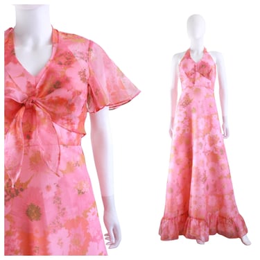 1970s Hot Pink & Orange Floral Halter Maxi Dress with Matching Bolero - 1970s Pink Floral Chiffon Dress - 1970s Halter Dress | Size Small 