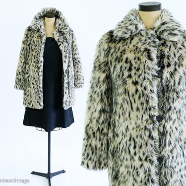 1980s Leopard Print Faux Fur Coat | 80s Beige Faux Animal Print Jacket | J. Crew | Small 