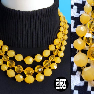 Cool Vintage 60s Muted Yellow Faceted Beaded 3-Strand Statement Necklace 