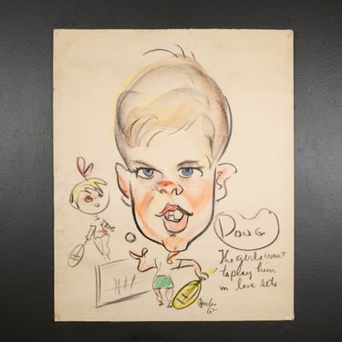 MID-CENTURY CARICATURE TENNIS PLAYER, PASTELS ON PAPER C1950