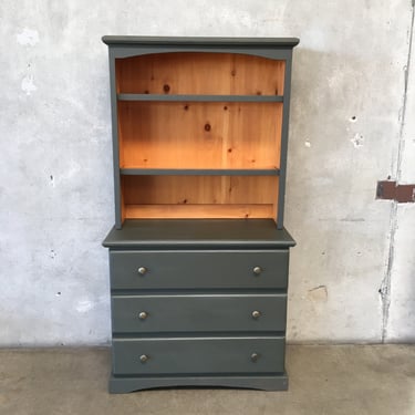 Green Handpainted 1980's Pine Hutch with Three Drawers
