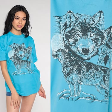Wolf T-Shirt 90s Full Moon Graphic Tee Animal Wildlife Nature Wild Wolves Retro Screen Print Single Stitch Blue Vintage 1990s Medium Large 