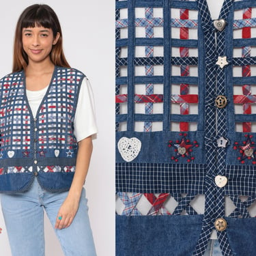 90s Vest T Shirt Attached Lattice Cutout Vest Checkered Star Heart Button Up Blouse Short Sleeve Top Twofer Vintage 2fer Extra Large xl 