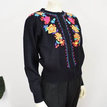 80s Floral Embroidered Cardigan - M 