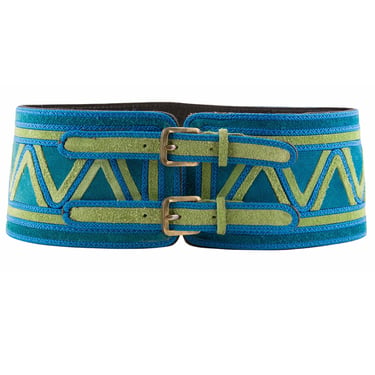 Ted Lapidus 1980s Vintage Geometric Blue & Green Suede Wide Waist Belt 