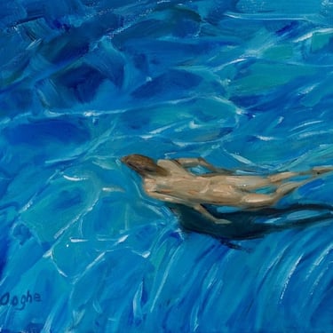 Original Artwork-Giclee-Archival Print-Pool Painting-Nude Female-Water-Oil Painting-Impressionism-Diver-Fine Art-Erotic-Sensual-Angela Ooghe 
