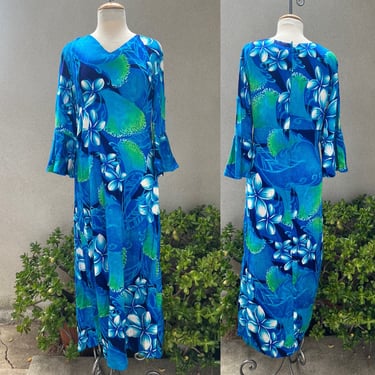 Vintage Hawaiian luau maxi dress green blues floral Sz M by Sears Hawaiian Fashions 