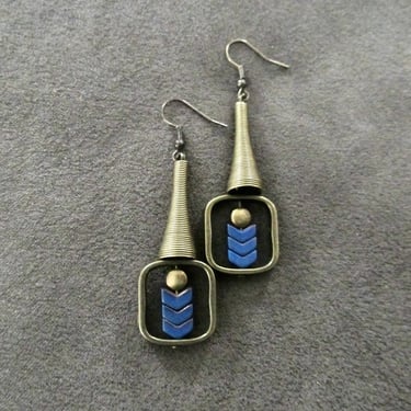 Bronze geometric industrial earrings blue square 