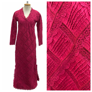 Vintage VTG 1960s 60s Pink Pintuck Lace Long Sleeve Maxi Dress 