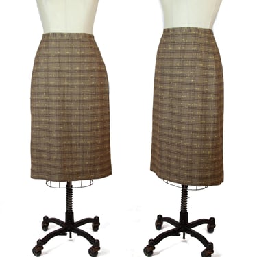 1950s Skirt ~ Brown Plaid Wool Pencil Skirt 