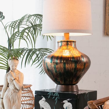Mid century Modern Gold & Green Ceramic Lamp