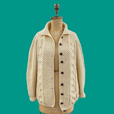 Vintage Fisherman Cardigan Retro 1970s NO SIZE + White Wool + Hand Knit + Button Front + Long Sleeve + Cardi + Womens Apparel + Fall Weather 