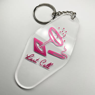 Last Call clear & metallic pink champagne cigarette motel hotel vintage style acrylic keychain 