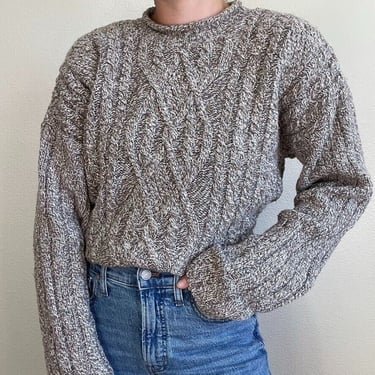 Vintage 90s Womens Cotton Brown Fisherman Oversized Chunky Knit Sweater Sz XL 