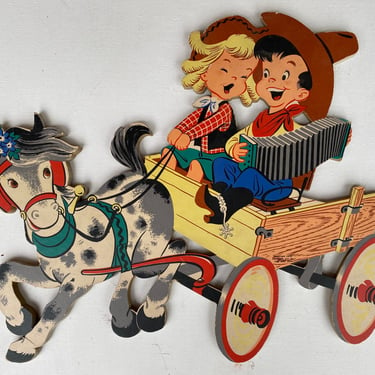 50's Vintage Cowboy And Girl Riding in Wagon, Buckaroos By Dolly Toy Company, Western Theme, Cowgirls, Cowboys, Happy Art Wall Hanging 
