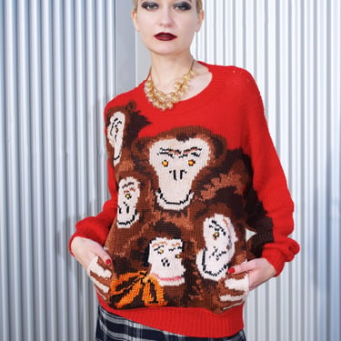 KRIZIA Iconic Animal Monkey Icon Knit Red Sweater SZ S M 