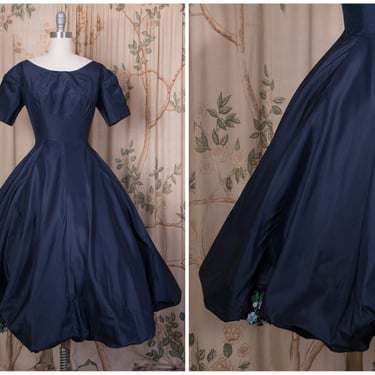 ROSITA CONTRERAS - Exceptionally Rare Vintage 1950s Italian Haute Couture Navy Blue Silk Cocktail Dress Fit and Flare 