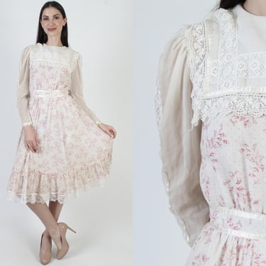 Vintage Gunne Sax Dress, Off White Lace, Cottagecore Prairie Midi, Full Knee Length Skirt, Tag Size 7 