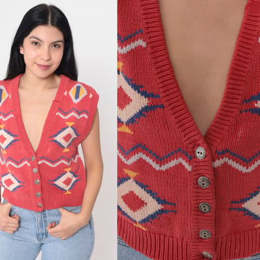Southwestern Sweater Vest 90s Red Knit Button up Tank Top Boho Southwest Navajo Eye Print Hippie Grunge Sleeveless Sweater Cotton Small S 