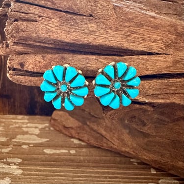 BLUE FLOWER CLUSTERS Sterling Silver & Turquoise Stud Earrings | Handmade | Native American, Southwestern Jewelry 