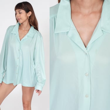 Y2K Blouse Mint Blue Button Up Shirt 00s Long Sleeve Vintage Plain Collared 2000s Plus Size Blank 2xl xxl 2x 