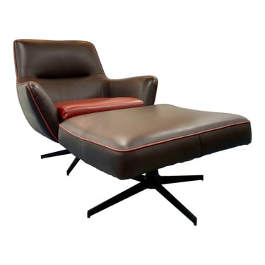 Modern Chocolate Brown and Red Leather Jack Swivel Chair and Ottoman Set