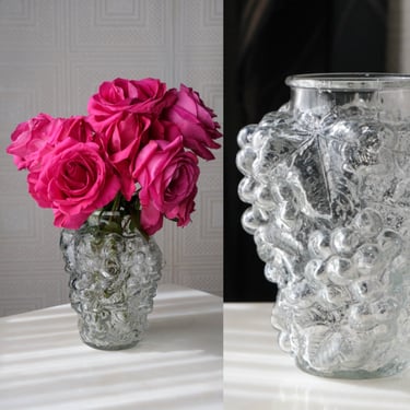 Vintage Glass Bulbous Berry & Grape Leaf Vase | Bohemian, Home Decor, Centerpiece, Wedding | Vintage Boho Glass Country Kitchen Flower Vase 
