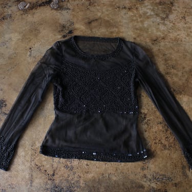 Black Beaded Shirt / Sheer Sequin Long Sleeve Top / Women's Medium 