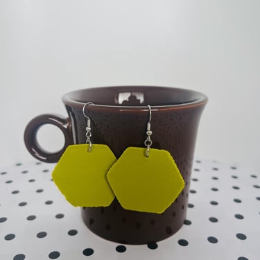 60's Chic Vintage Inspired Hexagonal Lime Green Faux Leather Clay Dangle Earrings Geometric Unique 