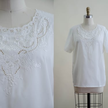 silk embroidered blouse | 70s 80s vintage white cutwork eyelet lace light academia floral embroidery cute cottagecore silk blouse 