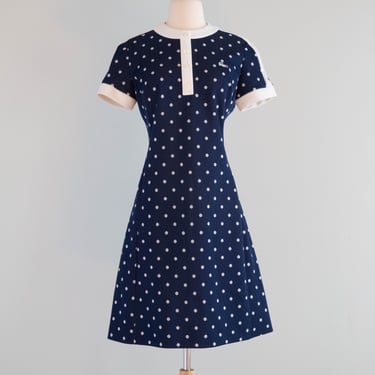 Iconic 1960's Chemise Lacoste Navy Blue Polka Dot Dress / Medium