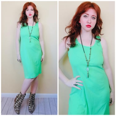 1990s Vintage Lime Green Acrylic Tank Dress / 90s Green Knit Body Con Midi Dress / Medium - Large 