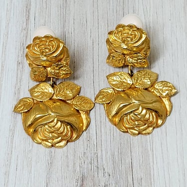 Dominique Aurientis Gilt Flower Dangle Earrings - Vintage Statement Jewelry 