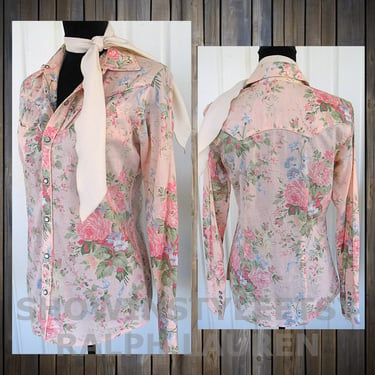 Ralph Lauren Vintage Retro Women's Cowgirl Western Shirt, Pink with Pastel Floral Print, Long Sleeves, Tag Size Small (see meas. photo) 