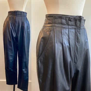 Vintage 70s 80s  LEATHER  PANTS /  Trouser Style / High Paperbag Waist + Pleated + Loose / Deep Front Pockets + No Back Pockets 