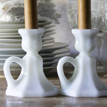 Milk Glass Candle Holders, Pair of Vintage White Candlestick Holders 