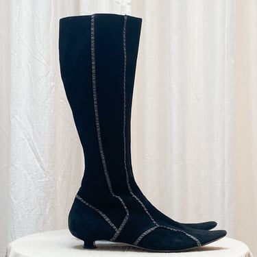 90s Black Suede Knee High Boots (8)