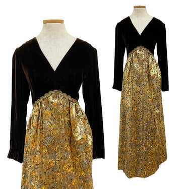 Vtg Vintage 1960s 60s Chocolate Brown Velvet Gold Lamé Metallic Maxi Dress Gown 