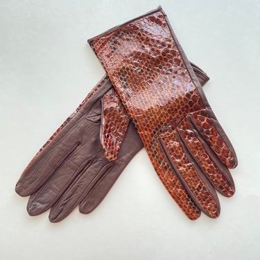 1950s Brown Leather Snake Skin Gloves | 50s Snakeskin Leather Gloves 