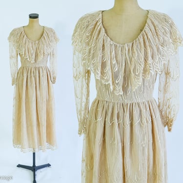 1980s Beige Lace Party Dress | 80s Beige Cocktail Dress | Beige Wedding Dress | Cachet | Medium 