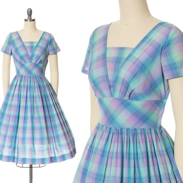 Vintage 1950s Dress | 50s Pastel Plaid Cotton Fit and Flare Full Skirt Purple Blue Green Day Dress (small) 