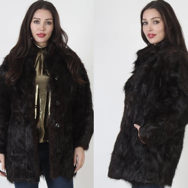 Brown 80s Genuine Beaver Coat, Heavyweight Plush Dark Mahogany Fur, Shaggy Mid Length Jacket 