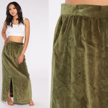 Green Velvet Skirt 80s Maxi Skirt Plain Long Simple High Waisted Front Slit Retro Cocktail Hippie Boho Holiday Party Vintage 1980s Small S 